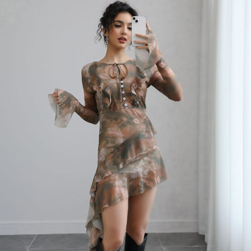 Damen Asymmetrisches Chiffon-Minikleid mit Volants, transparenten Ärmeln und Zierknopfleiste Drune