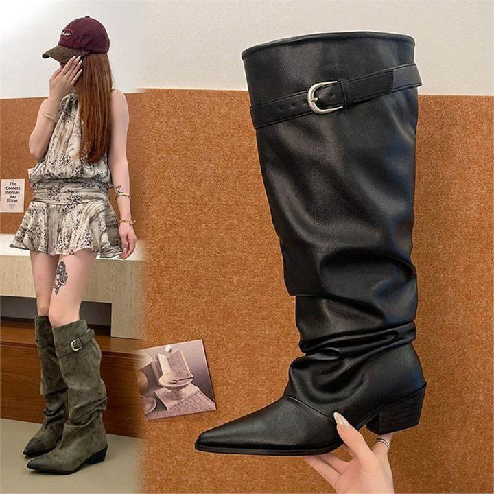 Damen kniehohe Slouch-Stiefel im Vintage-Wildleder-Look mit spitzer Zehenform und dezenter Schnallenmanschette Drune