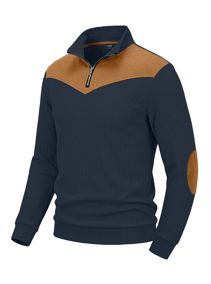 Herren Strickpullover mit Troyerkragen, Rippenstruktur und Ellbogen-Patches Drune