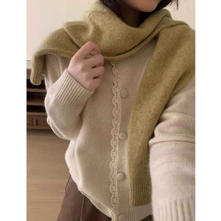Damen elegante Strickjacke mit Spitzenverzierung und Knopfdetails Drune