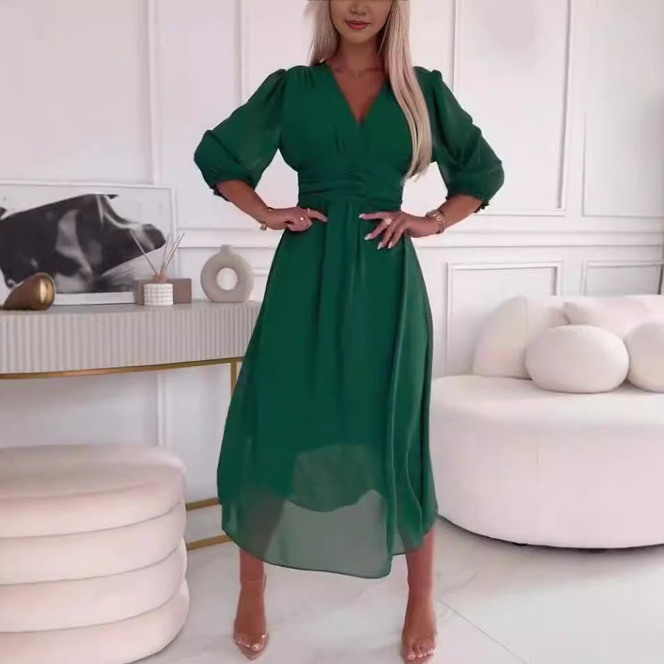 Damen Chiffon Maxi Kleid mit V-Ausschnitt, Rüschengesäß und 3/4 Ärmeln Drune