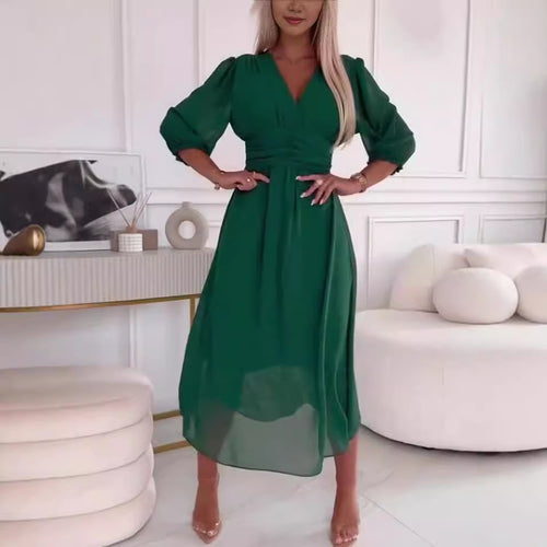 Damen Chiffon Maxi Kleid mit V-Ausschnitt, Rüschengesäß und 3/4 Ärmeln Drune