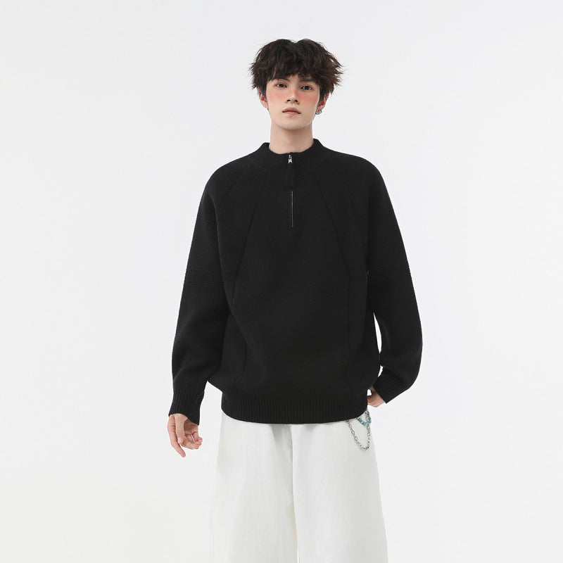 Herren Strick-Halbzip-Pullover mit Stehkragen und strukturierten Rippdetails Drune