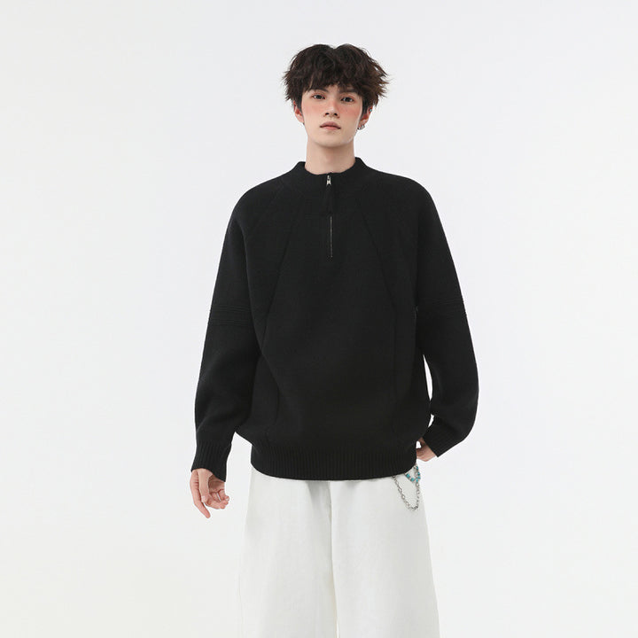 Herren Strick-Halbzip-Pullover mit Stehkragen und strukturierten Rippdetails Drune