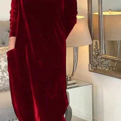 Damen Elegantes Samt Maxi Kleid mit Hohem Rollkragen, Seitentaschen und Lockere Silhouette Drune