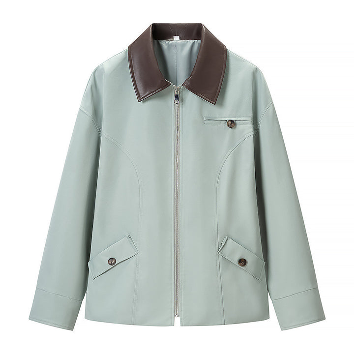Damen Kurze Lederoptik-Blousonjacke mit Kontrastkragen und Reißverschluss Drune