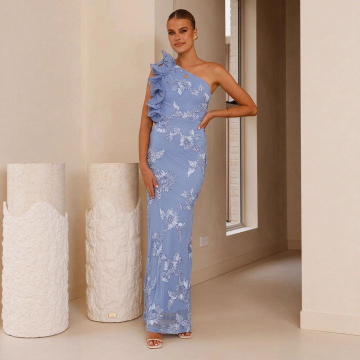 Damen Elegantes und figurbetontes Maxikleid mit asymmetrischem Träger und floralen Applikationen Drune