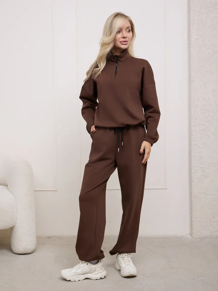 Damen weiches Lounge-Set mit halbem Reißverschluss, Kordelzughose und elastischen Bündchen Drune
