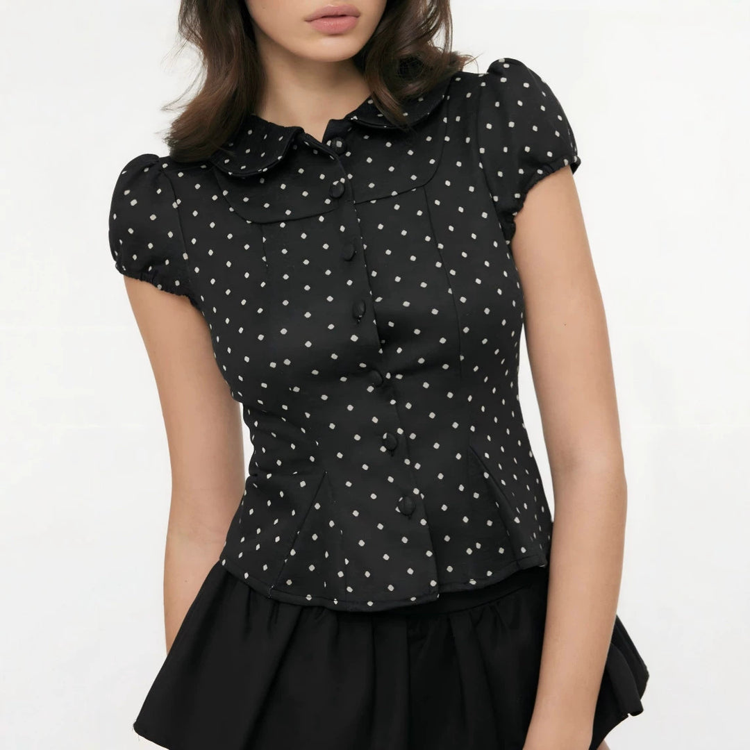 Damen Karo-Bluse mit Bubikragen, Taillierter Peplum-Silhouette und Puffärmeln Drune