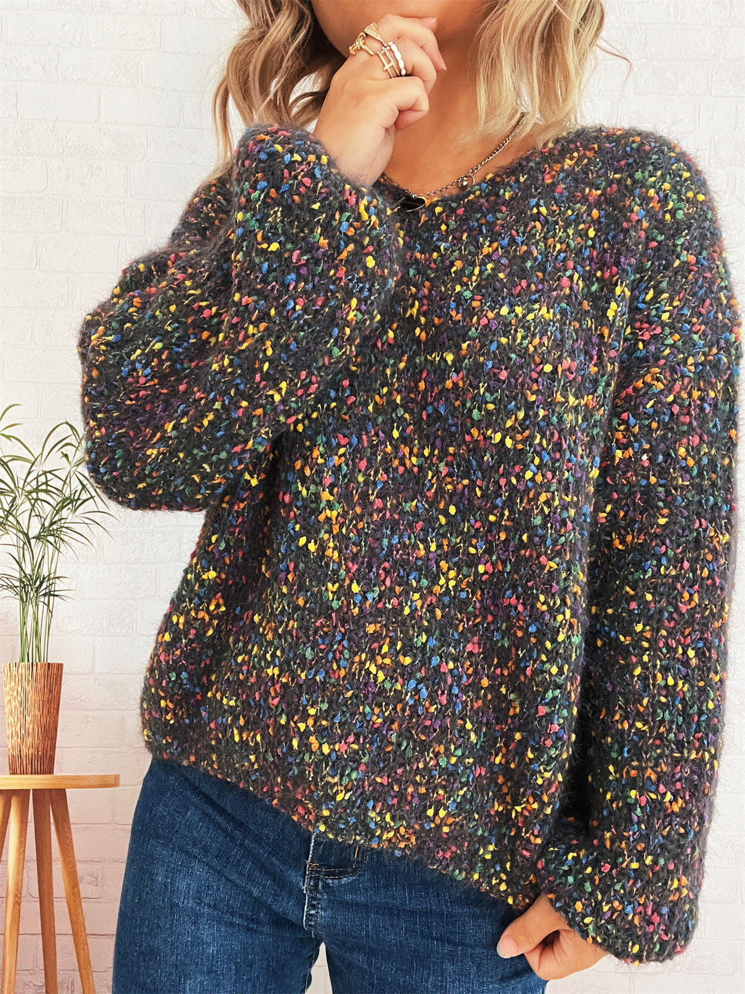 Damen komfortabler Strickpullover mit buntem Strukturmuster und weit geschnittenen Ärmeln Drune