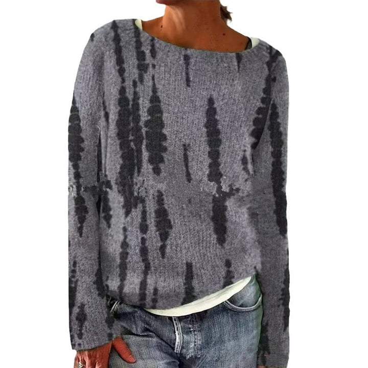Damen nan melierter Rundhalsausschnittpullover mit kreisförmigem Jacquard-Yoke und geripptem Saum Drune