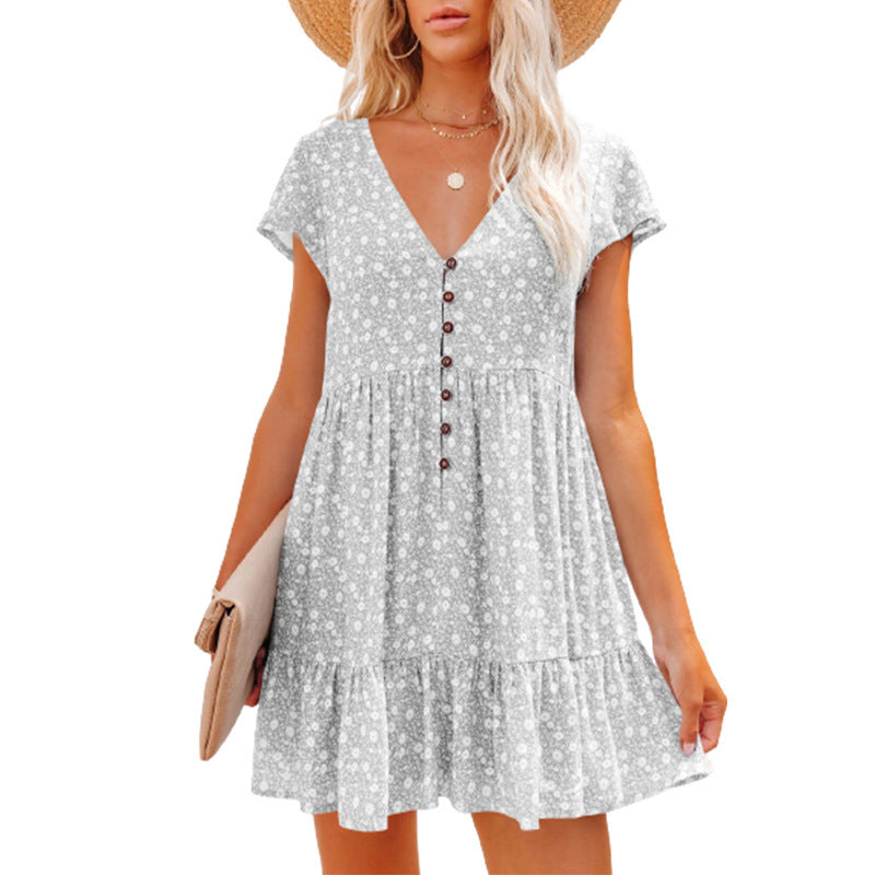 Damen Blümchen Kleid mit Knopfleiste und Volantdetails Drune
