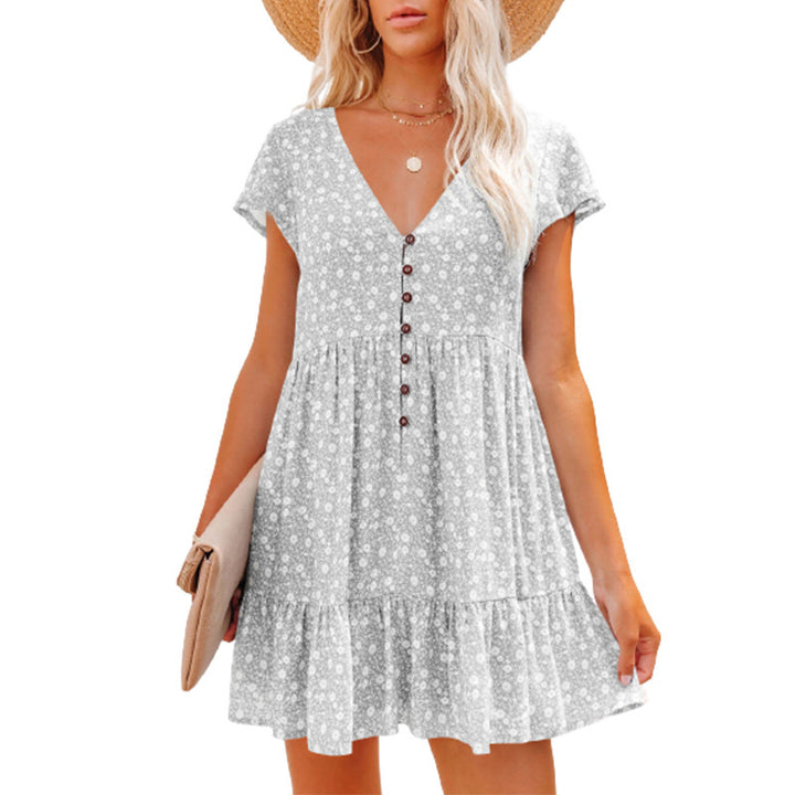 Damen Blümchen Kleid mit Knopfleiste und Volantdetails Drune