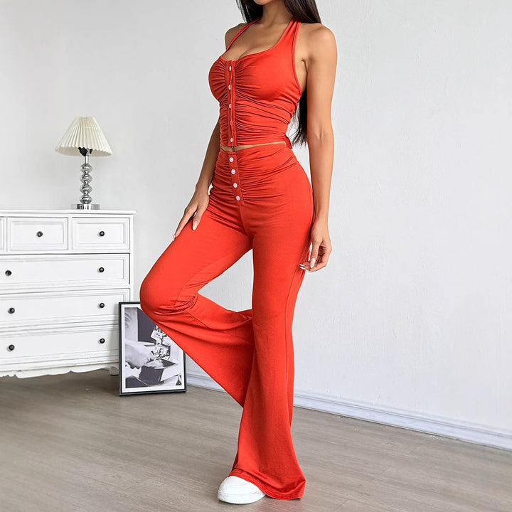 Damen Set aus gekräuseltem Top und flared Hose Drune