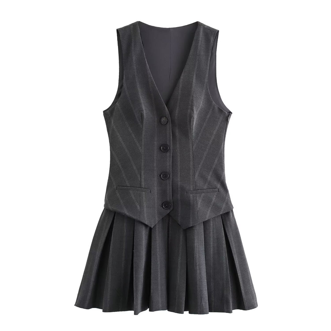 Damen Plissee-Kleid mit tailliertem Oberteil und Knopfleiste Drune