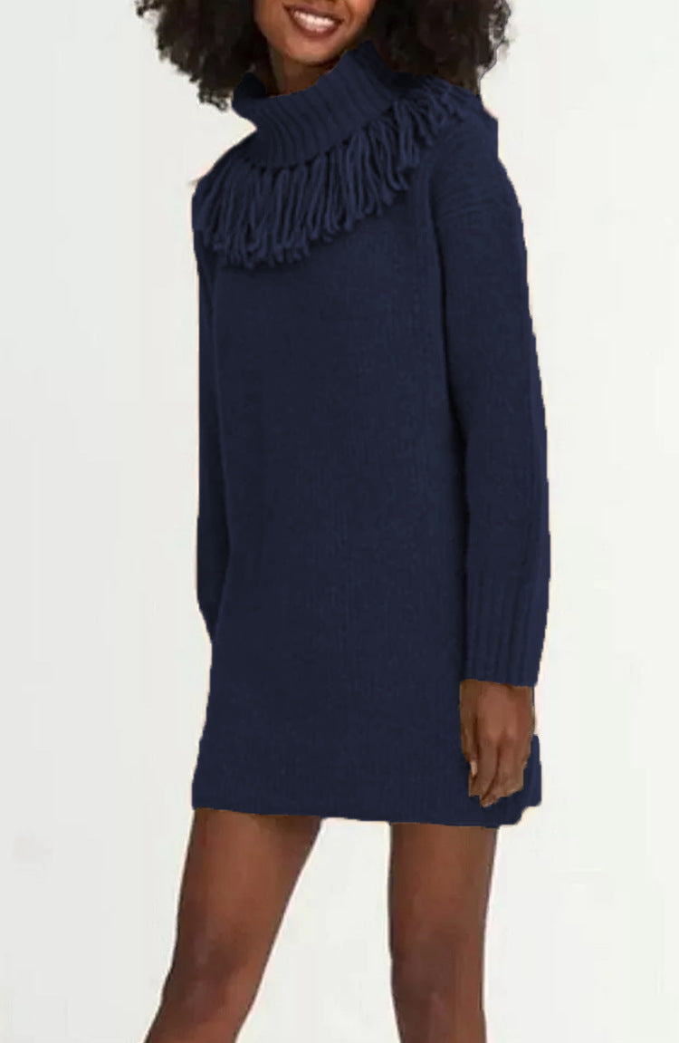Damen Strickkleid mit hohem Rollkragen und modischen Fransen Drune