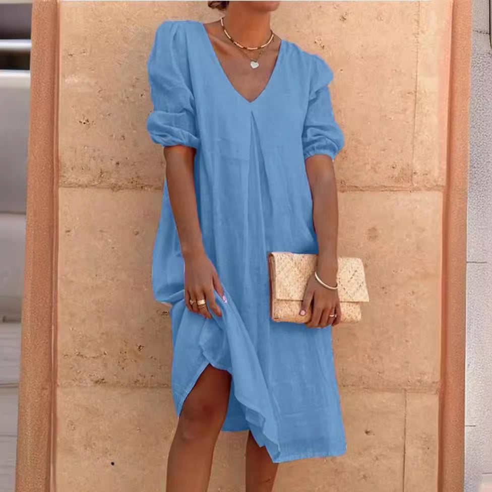 Damen lässiges Tunika-Kleid mit V-Ausschnitt und Ballonärmeln Drune
