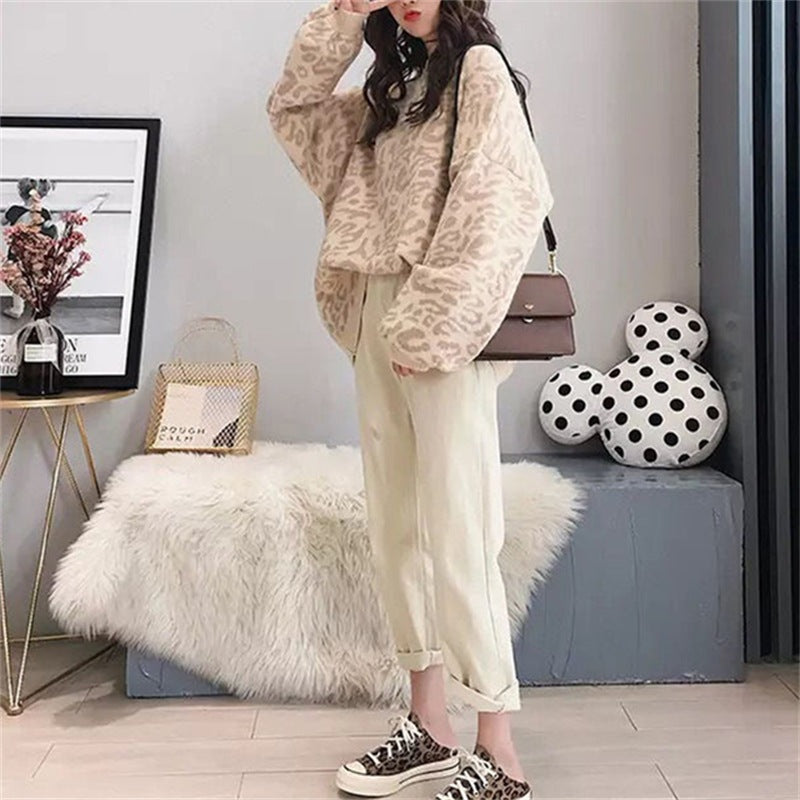 Damen Oversized Strickpullover mit Leopardenmuster und weichem Material Drune