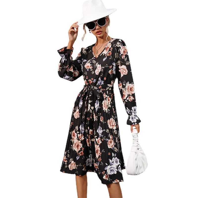 Damen Blumen-Midikleid mit V-Ausschnitt, plissiertem Rock und Taillengürtel Drune
