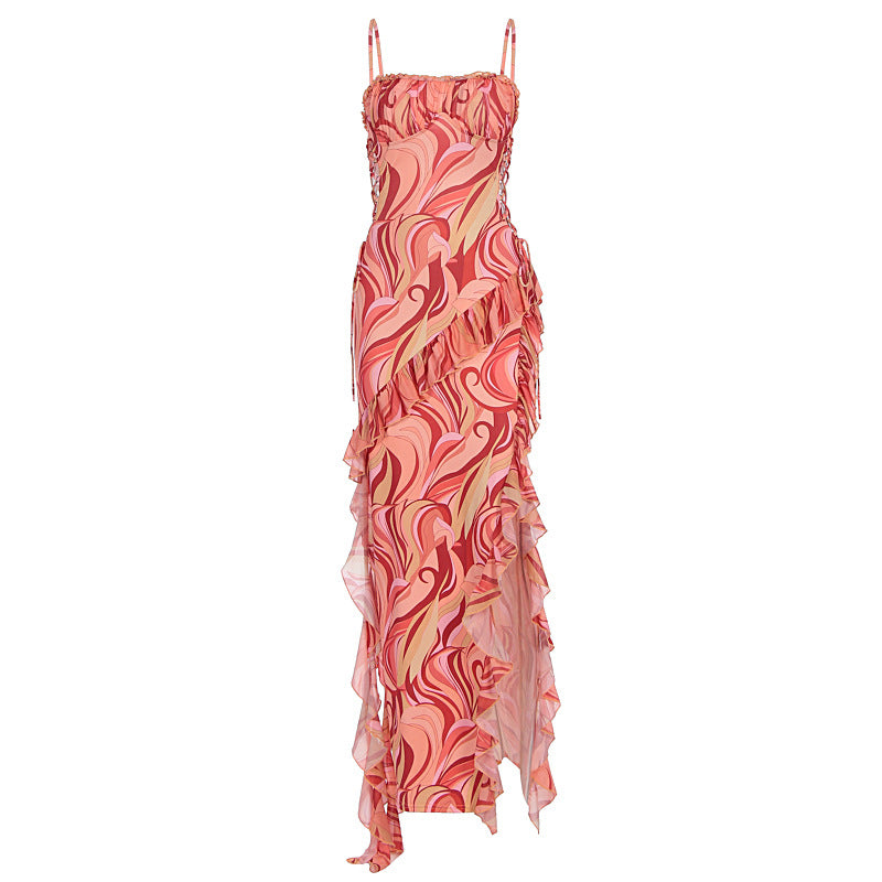 Damen Maxi-Kleid mit Rüschendetails und fließendem Muster Drune