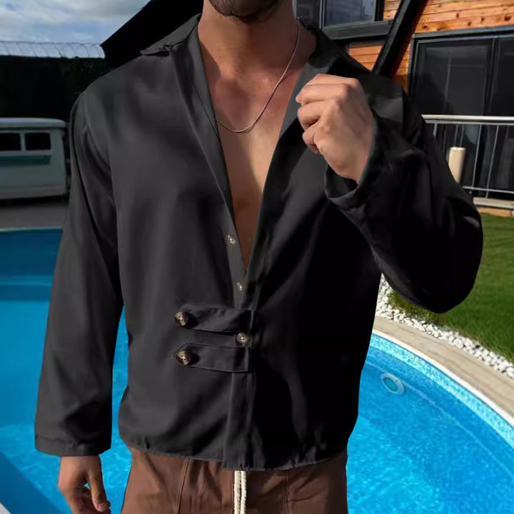Herren Elegante Langarmbluse mit einzigartiger Knopfleiste und schickem Stehkragen Drune