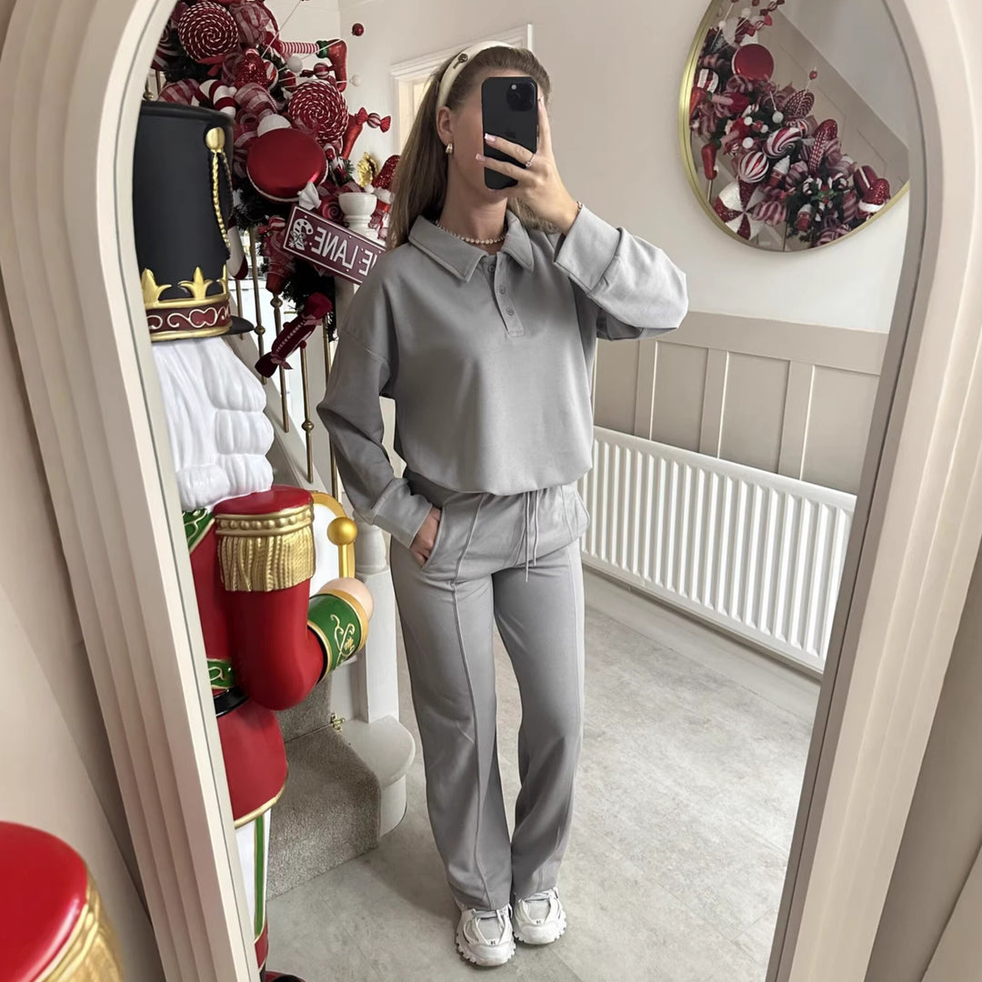 Damen eleganter Freizeitanzug mit hochgeschlossenem Kragen und weiten Hosen