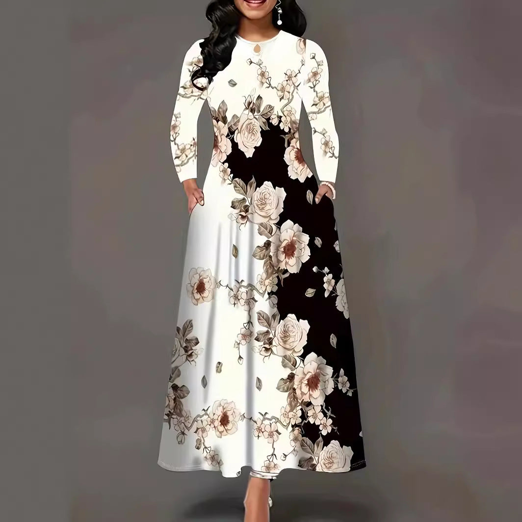 Damen Maxikleid mit floralem Allover-Print, A‑Linie, Langarm und Schlitzdetail Drune
