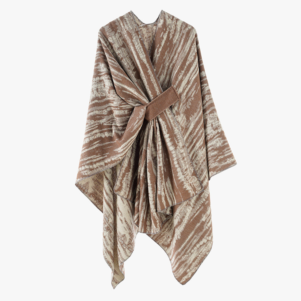 Damen Jacquard-Cape-Überwurf mit strukturierter Wellenoptik, Bindegürtel und asymmetrischem Zipfelsaum Drune