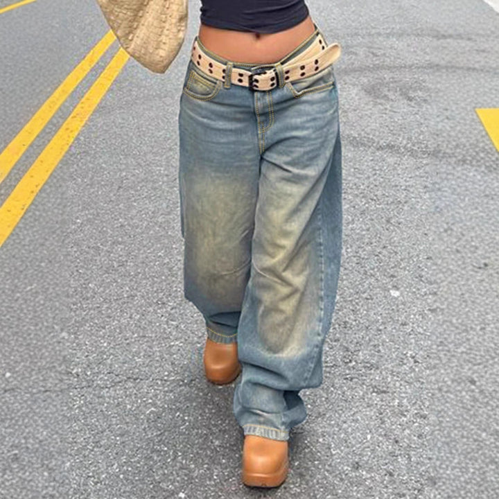 Damen Vintage-inspirierte Baggy-Jeans mit niedrigem Bund, weitem Bein und Used-Waschung Drune