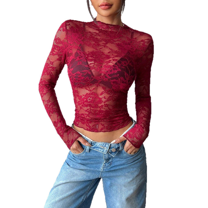 Damen nan figurbetontes transparentes Spitzen-Crop-Top mit hochgeschlossenem Kragen und integrierter Bustier-Form Drune