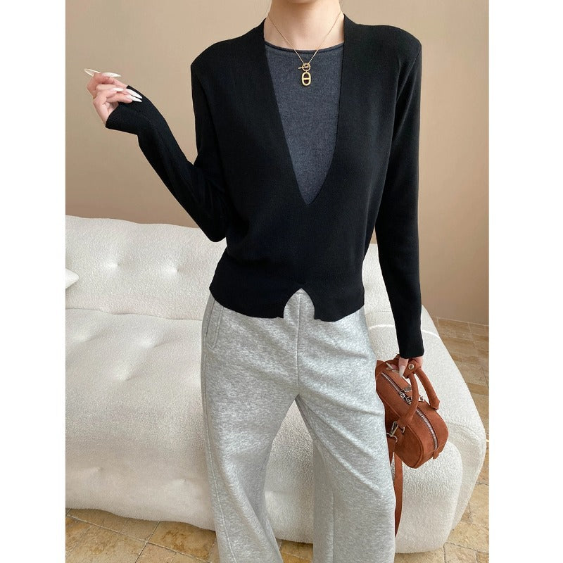 Damen figurbetonter V-Ausschnitt Pullover mit raffinierter Taillierung und feiner Textur Drune