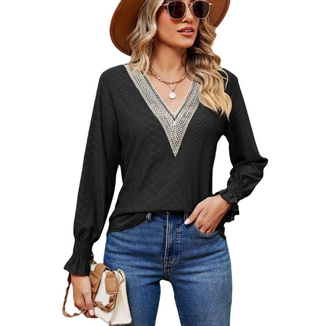 Damen Bluse mit luftigen Lochstickereien und V-Ausschnitt Drune