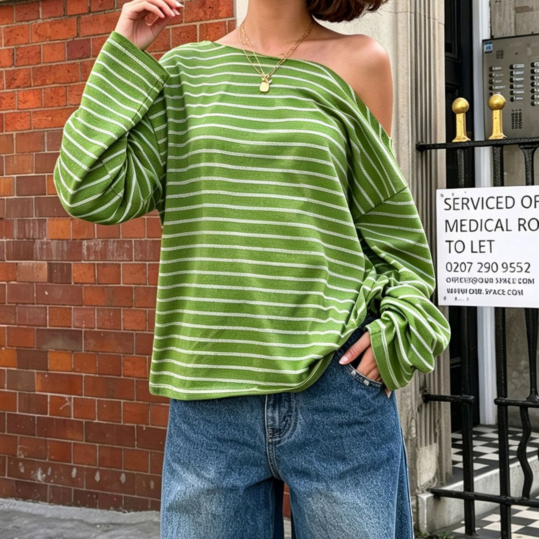 Damen Oversize-Langarmshirt mit breitem Ausschnitt, maritimem Streifen und relaxed Fit Drune
