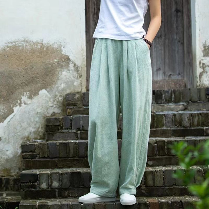 Damen weite Leinenhose mit elastischem Bund und seitlichen Taschen Drune