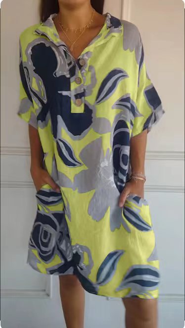 Damen luftiges Strandkleid mit modischem Muster und seitlichen Taschen Drune