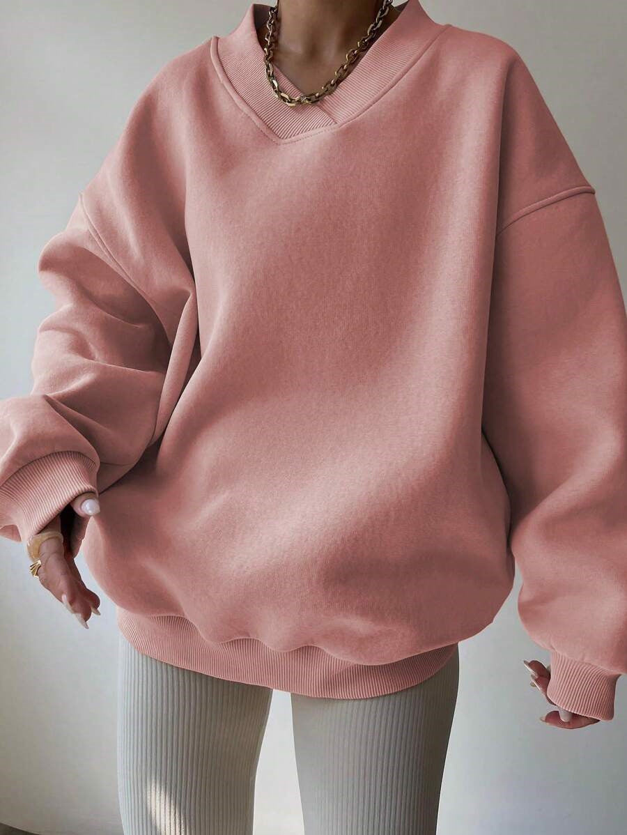 Damen Oversized V-Ausschnitt Sweatshirt mit verstärktem Rippkragen und extraweitem Cut Drune