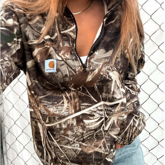 Damen Camouflage Halblang-Reißverschluss Fleece-Sweatshirt mit Kapuze und Kängurutasche Drune