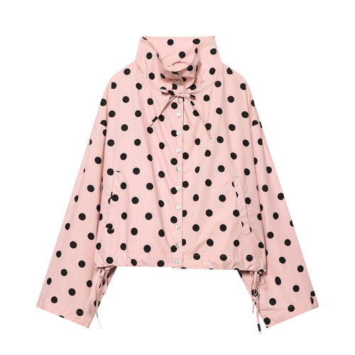 Damen Gepunktete Cropped‑Blousonjacke mit hohem Stehkragen, Tunnelzug und Knopfleiste Drune