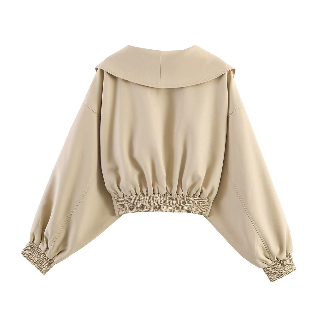 Damen Oversized Cropped-Jacke mit großem Schalkragen, Taillenriegel und Ballonärmeln Drune
