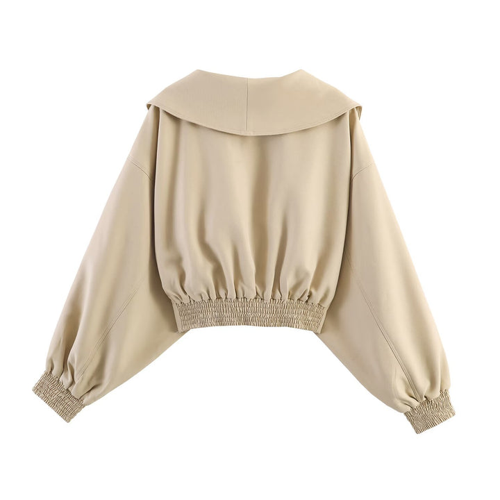 Damen Oversized Cropped-Jacke mit großem Schalkragen, Taillenriegel und Ballonärmeln Drune