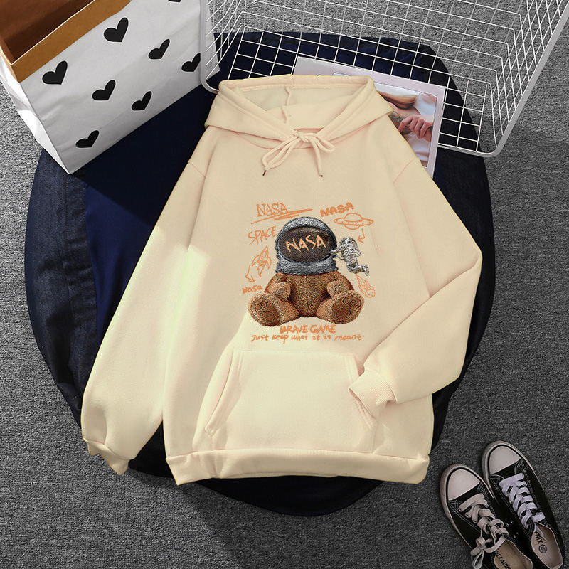 Damen nan lässiger Hoodie mit Astronauten‑Teddy‑Print, Kängurutasche und weichem Fleece-Innenfutter Drune