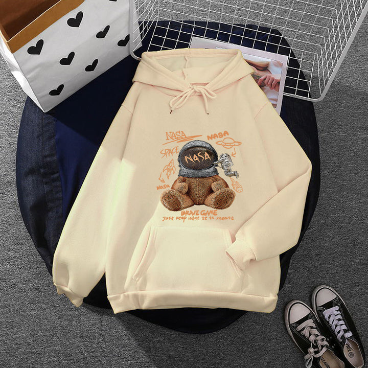 Damen nan lässiger Hoodie mit Astronauten‑Teddy‑Print, Kängurutasche und weichem Fleece-Innenfutter Drune