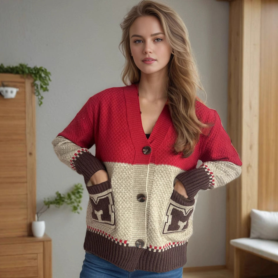 Damen gemütliche Strickjacke mit tiefem V-Ausschnitt und dekorativen Taschen Drune