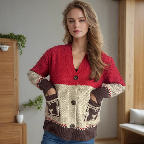 Damen gemütliche Strickjacke mit tiefem V-Ausschnitt und dekorativen Taschen Drune