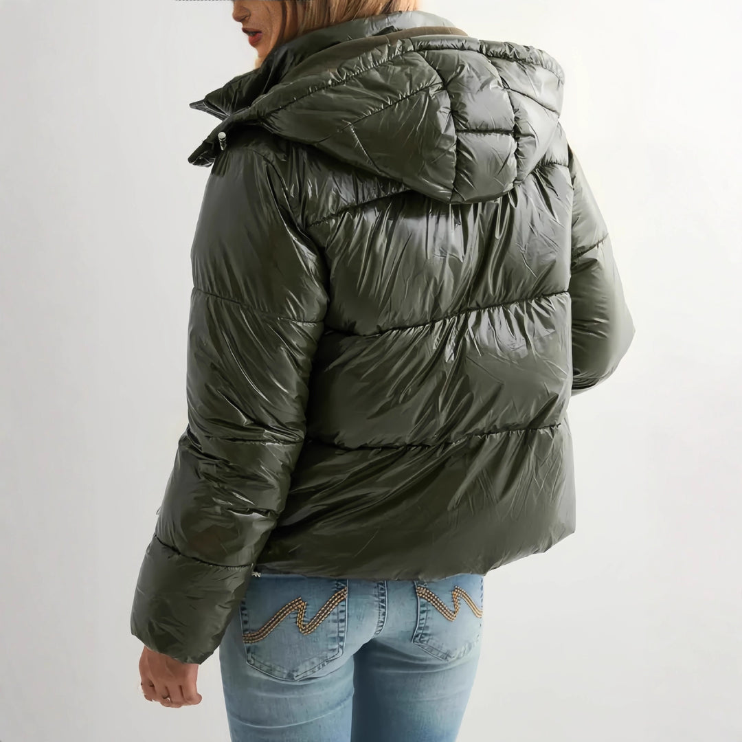 Damen Modische Hochglanz-Steppjacke mit Kapuze