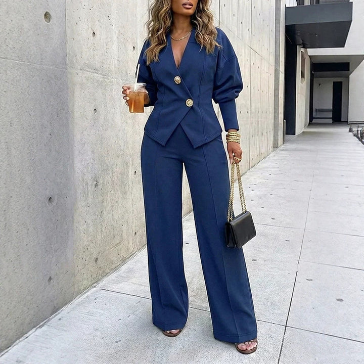 Damen Zweiteiliges tailliertes Blazer‑Hosen‑Set mit goldenen Zierknöpfen und weitem Palazzo-Bein Drune