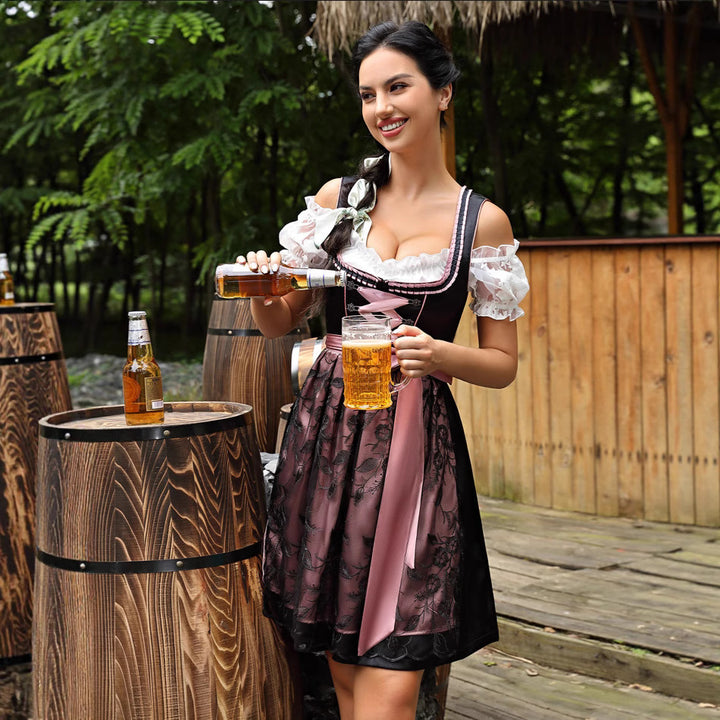 Damen  kurzes Dirndl Trachtenkleid mit Schnürung, Spitzenärmel und dekorativer Schürze Drune