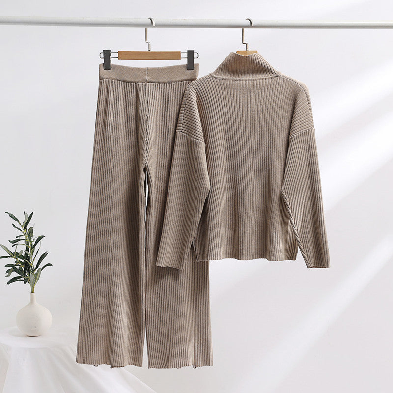 Damen lässiges Strickensemble mit hohem Kragen und seitlichen Schlitzen Drune