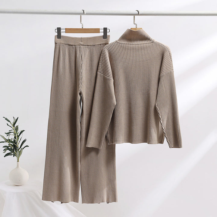 Damen lässiges Strickensemble mit hohem Kragen und seitlichen Schlitzen Drune