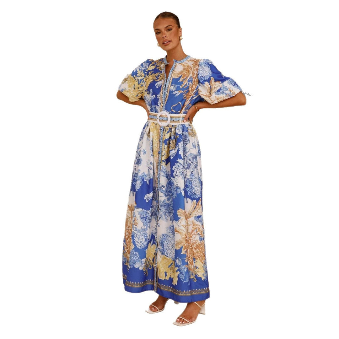Damen Maxikleid mit floralem Knopfleisten-Design und tailliertem Gürtel Drune
